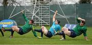 18 February 2014; Ireland players, from left, Mike Ross, Jamie Heaslip and Cian Healy during squad training ahead of their RBS Six Nations Rugby Championship match against England on Saturday. Ireland Rugby Squad Training, Carton House, Maynooth, Co. Kildare. Picture credit: Brendan Moran / SPORTSFILE