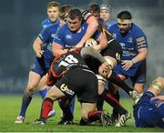 14 February 2014; Jack McGrath, Leinster, is tackled by Francisco Chapparo,18, and Matthew Screech. Newport Gwent Dragons. Celtic League 2013/14 Round 14, Leinster v Newport Gwent Dragons, RDS, Ballsbridge, Dublin. Picture credit: Piaras Ó Mídheach / SPORTSFILE