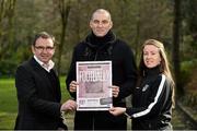 18 February 2014; Pat Fenlon, former Hibernian FC manager, with Richie Sadlier, RTE pundit and former Republic of Ireland international, and Rebecca Creagh, captain of Raheny United, in attendance at a Brendan McKenna Memorial Award SWAI media event. Merrion Square, Dublin. Picture credit: David Maher / SPORTSFILE