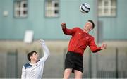 18 February 2014; Adam Phelan, IT Carlow 'D', in action against Adam Walshe, Dublin City University 'C'. UMBRO CUFL Third Division Final, IT Carlow 'D' v Dublin City University 'C', Leixlip United, Leixlip, Co. Kildare. Picture credit: Barry Cregg / SPORTSFILE