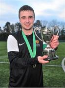 18 February 2014; IT Carlow 'B' captain John Yeates with the cup. UMBRO CUFL First Division Final, Trinity College v IT Carlow 'B', Leixlip United, Leixlip, Co. Kildare. Picture credit: Barry Cregg / SPORTSFILE