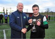18 February 2014; IT Carlow 'B' John Yeates is presented with the cup by Joe O'Brien, CFUL. UMBRO CUFL First Division Final, Trinity College v IT Carlow 'B', Leixlip United, Leixlip, Co. Kildare. Picture credit: Barry Cregg / SPORTSFILE