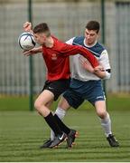 18 February 2014; Dean Conroy, IT Carlow 'D', in action against Sean Deane, Dublin City University 'C'. UMBRO CUFL Third Division Final, IT Carlow 'D' v Dublin City University 'C', Leixlip United, Leixlip, Co. Kildare. Picture credit: Barry Cregg / SPORTSFILE