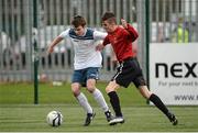 18 February 2014; Kevin Byrne, Dublin City University 'C', in action against Alex McCann, IT Carlow 'D'. UMBRO CUFL Third Division Final, IT Carlow 'D' v Dublin City University 'C', Leixlip United, Leixlip, Co. Kildare. Picture credit: Barry Cregg / SPORTSFILE
