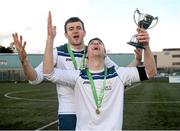 18 February 2014; Dublin City University 'C' captain Sean Deane, right, and team-mate Chris Owens celebrate with the cup after the game. UMBRO CUFL Third Division Final, IT Carlow 'D' v Dublin City University 'C', Leixlip United, Leixlip, Co. Kildare. Picture credit: Barry Cregg / SPORTSFILE