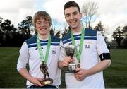 18 February 2014; Dublin City University 'C' captain Sean Deane, right, and team-mate Shane McCann, who won the Player of the match award, celebrate with the cup after the game. UMBRO CUFL Third Division Final, IT Carlow 'D' v Dublin City University 'C', Leixlip United, Leixlip, Co. Kildare. Picture credit: Barry Cregg / SPORTSFILE
