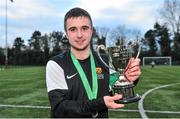 18 February 2014; IT Carlow 'B' captain John Yeates with the cup after the game. UMBRO CUFL First Division Final, Trinity College v IT Carlow 'B', Leixlip United, Leixlip, Co. Kildare. Picture credit: Barry Cregg / SPORTSFILE