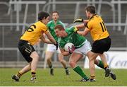 16 February 2014; Ciarán Kilkenny, Leinster, in action against Matthew Donnelly, left, and Mark Poland, Ulster. M Donnelly Interprovincial Football Championship, Semi-Final, Leinster v Ulster, Páirc Táilteann, Navan, Co. Meath. Picture credit: Piaras Ó Mídheach / SPORTSFILE