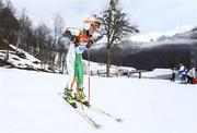 19 February 2014; Team Ireland's Conor Lyne is dejected after failing to finish the Men’s Giant Slalom. Conor was cleared to compete in the giant slalom despite injuring his shoulder during training. Sochi 2014 Winter Olympic Games, Rosa Khutor Alpine Centre, Sochi, Russia. Picture credit: William Cherry / SPORTSFILE