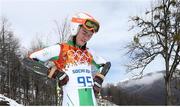 19 February 2014; Team Ireland's Conor Lyne is dejected after failing to finish the Men’s Giant Slalom. Conor was cleared to compete in the giant slalom despite injuring his shoulder during training. Sochi 2014 Winter Olympic Games, Rosa Khutor Alpine Centre, Sochi, Russia. Picture credit: William Cherry / SPORTSFILE