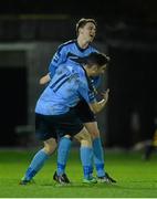 18 February 2014; Dean Clarke, University College Dublin, celebrates with team-mate Samir Belhout, 11, after scoring his side's first goal. UMBRO CUFL Premier Division Final, IT Carlow v University College Dublin, Frank Cooke Park, Tolka Rovers FC, Dublin. Picture credit: Pat Murphy / SPORTSFILE