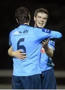 18 February 2014; Conor Butler and Robert Murray, left, University College Dublin, celebrate at the final whistle. UMBRO CUFL Premier Division Final, IT Carlow v University College Dublin, Frank Cooke Park, Tolka Rovers FC, Dublin. Picture credit: Pat Murphy / SPORTSFILE