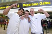 6 July 2005; MSL, (Motor Services Limited), sponsored Ireland Men's U20 team players, from left, Aaron Westbrooks, Conor Meany, and Phil Taylor, prior to their departure for the Men's U20 European champuonships in Varna, Bulgaria. Dublin Airport, Dublin. Picture credit; Pat Murphy / SPORTSFILE