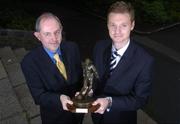 7 July 2005; UCD captain Tony McDonnell, right, who was presented with the eircom / Soccer Writers Association of Ireland Player of the Month award for June by Padraig Corkery, Head of Sponsorship, eircom. Merrion Square, Dublin. Picture credit; Brian Lawless / SPORTSFILE