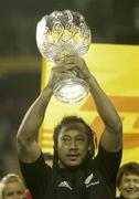 9 July 2005; New Zealand captain Tana Umaga lifts the Waterford Crystal DHL Lions Series trophy after the game. British and Irish Lions Tour to New Zealand 2005, 3rd Test, New Zealand v British and Irish Lions, Eden Park, Auckland, New Zealand. Picture credit; Brendan Moran / SPORTSFILE