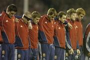 9 July 2005; Members of the British and Irish Lions squad stand for a minute's silence in memory of the victims of the recent London bomb blasts. British and Irish Lions Tour to New Zealand 2005, 3rd Test, New Zealand v British and Irish Lions, Eden Park, Auckland, New Zealand. Picture credit; Brendan Moran / SPORTSFILE