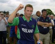 9 July 2005; Ireland's Andrew White after he had hit a six to win the game in the final over. ICC Trophy Semi-Final, Ireland v Canada, Castle Avenue, Clontarf, Dublin. Picture credit; Brian Lawless / SPORTSFILE