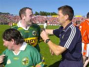 10 July 2005; Jack O'Connor, Kerry manager, celebrates victory with Seamus Moynihan. Bank of Ireland Munster Senior Football Championship Final, Cork v Kerry, Pairc Ui Chaoimh, Cork. Picture credit; Pat Murphy / SPORTSFILE