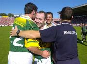 10 July 2005; Seamus Moynihan, Kerry, celebrates victory with manager Jack O'Connor, right, and Bryan Sheehan, Bank of Ireland Munster Senior Football Championship Final, Cork v Kerry, Pairc Ui Chaoimh, Cork. Picture credit; Pat Murphy / SPORTSFILE