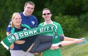 13 July 2005; Cork City fans Robbie Kelleher, from Bishopstown, left, and Padraig Casey, from Ballynoe, with Alison Murphy, from Mayfield, ahead of Cork City's UEFA Cup, First Qualifying Round game against FK Ekranas. Paneveyzs, Lithuania. Picture credit; Brian Lawless / SPORTSFILE