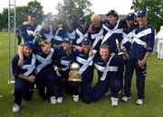 13 July 2005; The Scotland players celebrate with the cup after victory over Ireland. ICC Trophy Final, Ireland v Scotland, Castle Avenue, Clontarf, Dublin. Picture credit; Pat Murphy / SPORTSFILE