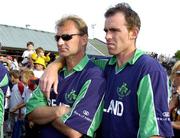 13 July 2005; Ireland coach Adrian Birrell, left, with Trent Johnston, right, after defeat to Scotland. ICC Trophy Final, Ireland v Scotland, Castle Avenue, Clontarf, Dublin. Picture credit; Pat Murphy / SPORTSFILE