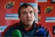 19 February 2014; Munster forwards coach Anthony Foley, who was announced as new Munster head coach as of July 2014, speaking to the media during a press conference ahead of their Celtic League 2013/14, Round 15, match against Ospreys on Sunday. Munster Rugby Press Conference, University of Limerick, Limerick. Picture credit: Diarmuid Greene / SPORTSFILE
