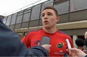 19 February 2014; Munster's Andrew Conway speaking to the media during a press conference ahead of their Celtic League 2013/14, Round 15, match against Ospreys on Sunday. Munster Rugby Press Conference, University of Limerick, Limerick. Picture credit: Diarmuid Greene / SPORTSFILE