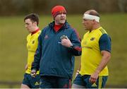 19 February 2014; Munster forwards coach Anthony Foley, alongside Darren Sweetnam, left, and BJ Botha, during squad training ahead of their Celtic League 2013/14, Round 15, match against Ospreys on Sunday. Munster Rugby Squad Training, University of Limerick, Limerick. Picture credit: Diarmuid Greene / SPORTSFILE