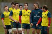 19 February 2014; Munster players, from left to right, Cathal Sheridan, Donncha O'Callaghan, Paddy Butler, Kevin O'Byrne, Darren Sweetnam, Simon Zebo and Duncan Williams in conversation during squad training ahead of their Celtic League 2013/14, Round 15, match against Ospreys on Sunday. Munster Rugby Squad Training, University of Limerick, Limerick. Picture credit: Diarmuid Greene / SPORTSFILE