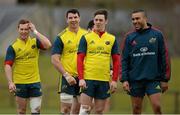 19 February 2014; Munster players, from left to right, Cathal Sheridan, Paddy Butler, Darren Sweetnam and Simon Zebo share a laugh during squad training ahead of their Celtic League 2013/14, Round 15, match against Ospreys on Sunday. Munster Rugby Squad Training, University of Limerick, Limerick. Picture credit: Diarmuid Greene / SPORTSFILE