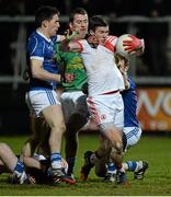 19 February 2014; Patrick McNiece, Tyrone, in action against Killian Brady, Alan O'Mara and Damien Barkey, Cavan. Power NI Dr. McKenna Cup Final, Cavan v Tyrone, Athletic Grounds, Armagh. Picture credit: Oliver McVeigh / SPORTSFILE