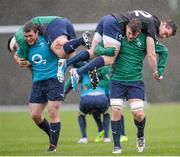 20 February 2014; Ireland's Jordi Murphy carries Andrew Boyle during a warm-up drill at squad training ahead of their RBS Six Nations Rugby Championship match against England on Saturday. Ireland Rugby Squad Training, Carton House, Maynooth, Co. Kildare. Picture credit: Stephen McCarthy / SPORTSFILE