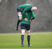 20 February 2014; Ireland's Paul O'Connell is carried by team-mate Devin Toner during a warm-up drill at squad training ahead of their RBS Six Nations Rugby Championship match against England on Saturday. Ireland Rugby Squad Training, Carton House, Maynooth, Co. Kildare. Picture credit: Stephen McCarthy / SPORTSFILE