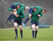 20 February 2014; Ireland's Peter O'Mahony carries Andrew Trimble during a warm-up drill at squad training ahead of their RBS Six Nations Rugby Championship match against England on Saturday. Ireland Rugby Squad Training, Carton House, Maynooth, Co. Kildare. Picture credit: Stephen McCarthy / SPORTSFILE