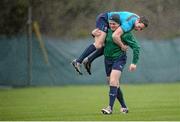 20 February 2014; Ireland's Sean Cronin carries Isaac Boss during a warm-up drill at squad training ahead of their RBS Six Nations Rugby Championship match against England on Saturday. Ireland Rugby Squad Training, Carton House, Maynooth, Co. Kildare. Picture credit: Stephen McCarthy / SPORTSFILE