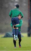 20 February 2014; Ireland's Brian O'Driscoll lifts Paddy Jackson during squad training ahead of their RBS Six Nations Rugby Championship match against England on Saturday. Ireland Rugby Squad Training, Carton House, Maynooth, Co. Kildare. Picture credit: Stephen McCarthy / SPORTSFILE