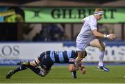 20 February 2014; Darragh Fanning, Leinster, is tackled by Robin Copeland, Cardiff. Celtic League 2013/14, Round 15, Cardiff v Leinster, Cardiff Arms Park, Cardiff, Wales. Picture credit: Brendan Moran / SPORTSFILE