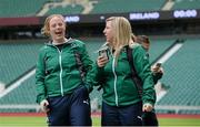 21 February 2014; Ireland's Fiona Hayes, let, and Stacey Lea Kennedy react after taking a 'selfie' during the captain's run ahead of their RBS Women's Six Nations Rugby Championship 2014 match against England on Saturday. Ireland Women's Rugby Squad Captain's Run, Twickenham Stadium, Twickenham, London, England. Picture credit: Brendan Moran / SPORTSFILE