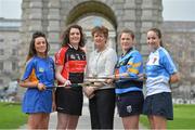 21 February 2014; President of the Camogie Association Aileen Lawlor with, from left: Aisling Egerton, St. Pats, Drumcondra; Mairí  Ni Mhuineachain, Trinity College Dublin; Niamh Bambrick, University College Dublin and Karen Kielt, University of Ulster Jordanstown, during the announcement of the National Camogie Bursaries. Trinity College, Dublin. Picture credit: Matt Browne / SPORTSFILE