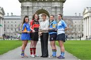 21 February 2014; President of the Camogie Association Aileen Lawlor with, from left: Aisling Egerton, St. Pats, Drumcondra; Mairí  Ni Mhuineachain, Trinity College Dublin; Niamh Bambrick, University College Dublin and Karen Kielt, University of Ulster Jordanstown, during the announcement of the National Camogie Bursaries. Trinity College, Dublin. Picture credit: Matt Browne / SPORTSFILE