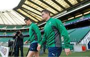 21 February 2014; Ireland's Jonathan Sexton, left, and Brian O'Driscoll walk to the pitch before the captain's run ahead of their RBS Six Nations Rugby Championship 2014 match against England on Saturday. Ireland Rugby Squad Captain's Run, Twickenham Stadium, Twickenham, London, England. Picture credit: Brendan Moran / SPORTSFILE