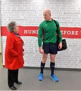 21 February 2014; Mary Nelligan, originally from Fermoy, Co. Cork, but now resident in London, meets Ireland's Paul O'Connell before the captain's run ahead of their RBS Six Nations Rugby Championship 2014 match against England on Saturday. Ireland Rugby Squad Captain's Run, Twickenham Stadium, Twickenham, London, England. Picture credit: Brendan Moran / SPORTSFILE