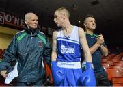 21 February 2014; Boxing coach Billy Walsh, right, with his grandfather Liam Walsh, and nephew Dean Walsh, St Ibar's and St Joseph's boxing club, before the start of his 64kg bout against Jason Conroy, Crumlin boxing club. National Senior Boxing Championships, First Round, National Stadium, Dublin. Picture credit: David Maher / SPORTSFILE