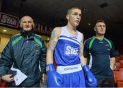 21 February 2014; Boxing coach Billy Walsh, with his grandfather Liam Walsh, and nephew Dean Walsh, St Ibar's and St Joseph's boxing club, before the start of his 64kg bout against Jason Conroy, Crumlin boxing club. National Senior Boxing Championships, First Round, National Stadium, Dublin. Picture credit: David Maher / SPORTSFILE