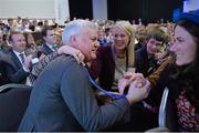 21 February 2014; Former Ulster Council chairman Aogán Ó Fearghail, An Cabhán, who was elected Uachtarán-Tofa at the GAA Annual Congress 2014 is congratulated by his wife Frances and family. Croke Park, Dublin. Picture credit: Ray McManus / SPORTSFILE