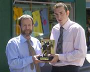 11 July 2005; Cork hurler John Gardiner is presented with the Vodafone GAA All-Star awards for the month of June by GAA President Sean Kelly. Westbury Hotel, Dublin. Picture credit; Pat Murphy / SPORTSFILE