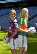 11 July 2005; Galway's Aoibhean Daly and Mayo's Linda Connelly at the launch of the 2005 TG4 All-Ireland Ladies Football Championship. Croke Park, Dublin. Picture credit; Damien Eagers / SPORTSFILE