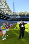 11 July 2005; An Taoiseach, Bertie Ahern TD, with Kerry's Patrice Dennehy and Galway's Aoibhean Daly at the launch of the 2005 TG4 All-Ireland Ladies Football Championship. Croke Park, Dublin. Picture credit; Damien Eagers / SPORTSFILE