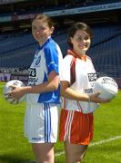 11 July 2005; Monaghan's Niamh Kindlon and Tyrone's Eilis Gormley at the launch of the 2005 TG4 All-Ireland Ladies Football Championship. Croke Park, Dublin. Picture credit; Damien Eagers / SPORTSFILE